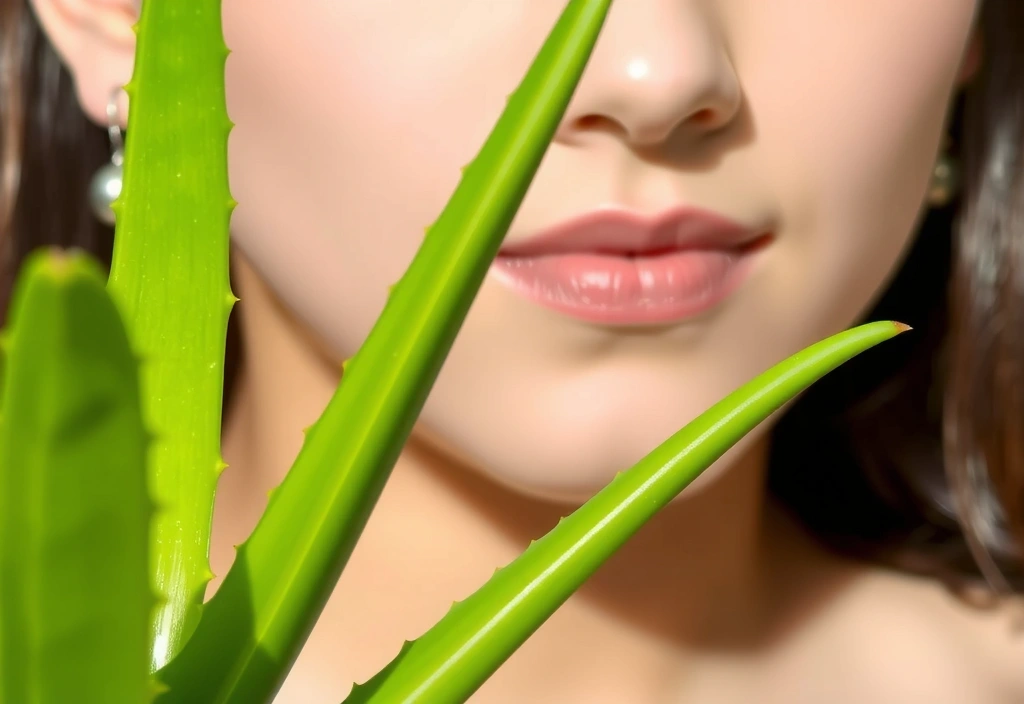 Articolo su benefici dell'Aloe Vera per la pelle, con una pianta di Aloe Vera in primo piano e un viso idratato sullo sfondo